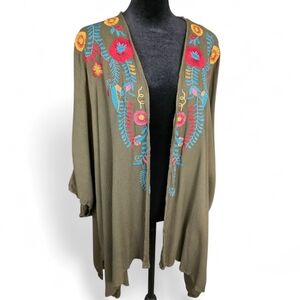 Umgee Embroidered Textured Open Kimono Duster Cardigan Olive Green Women M/L